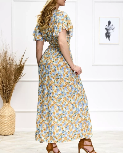 Blue and yellow women's floral midi dress - Shoes