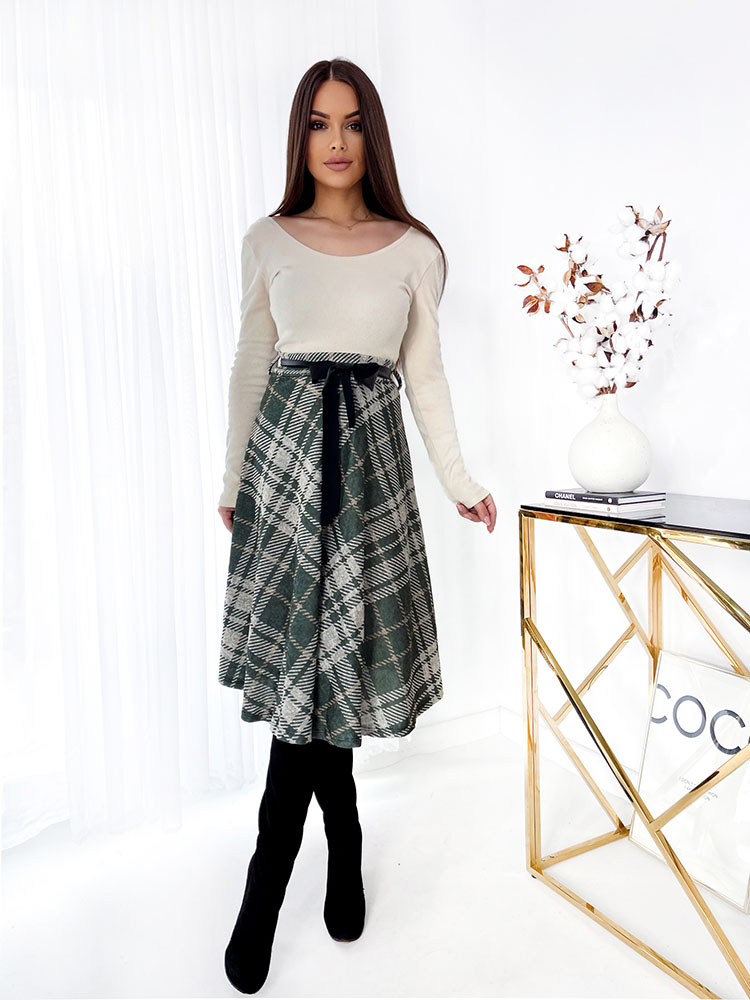 Royalfashion Green-gray women's checkered midi skirt