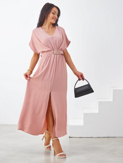 Royalfashion Women's midi dress with short sleeves, V-neck, and slit in the middle