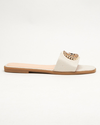 Eco suede beige slippers with a golden Hana ornament - Footwear