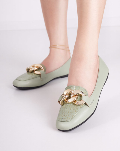 OUTLET Green women's eco-leather loafers with a chain Flamii - Shoes