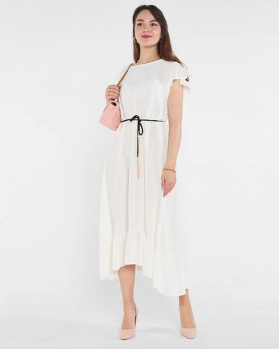 Women's white dress with frills and a tie belt at the waist - Clothing