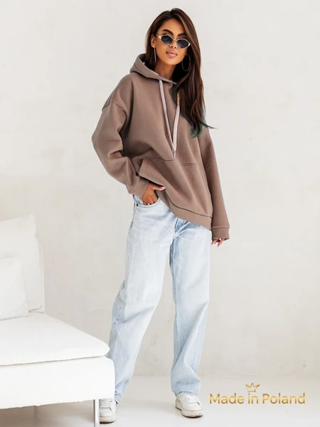 Damska Bluza Kapuśniak Leonida Brązowa z Długim Rękawem