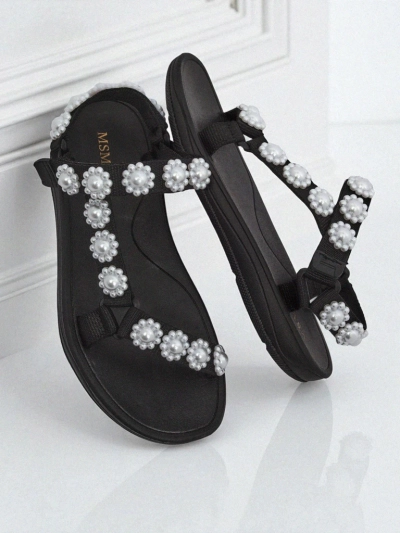 Sandały damskie Royalfashion Perseida czarne na platformie z perełkami