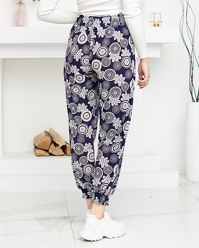 Navy blue and white women's pants with PLUS SIZE print - Clothing