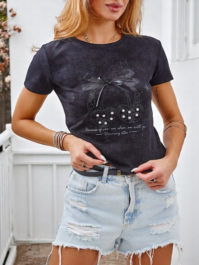 Royalfashion Women's cotton t-shirt with rhinestones and a bow