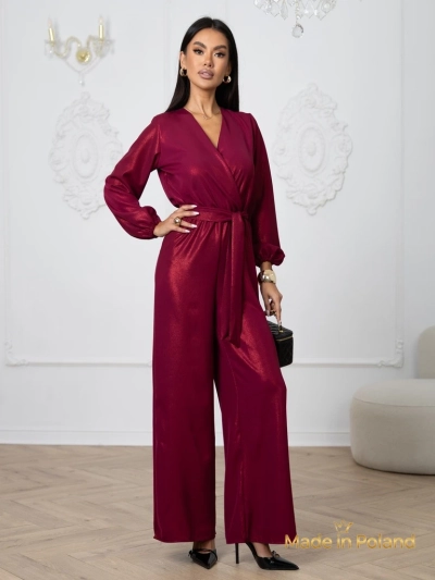 Women's 'Valentina' burgundy jumpsuit with long sleeves and wide legs