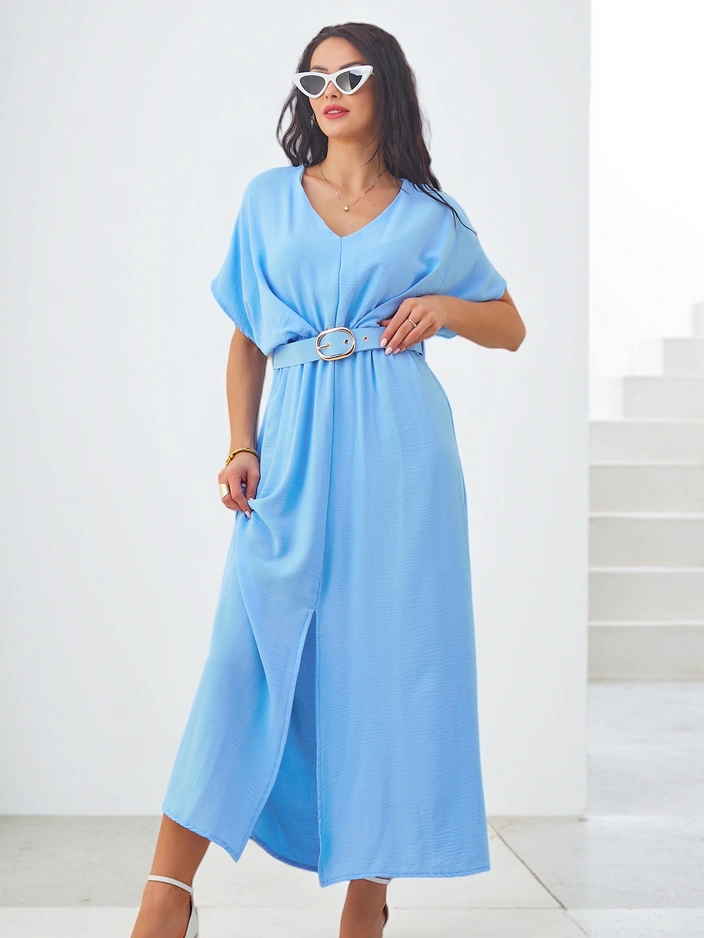 Royalfashion Women's midi dress with short sleeves, V-neck, and a slit in the middle