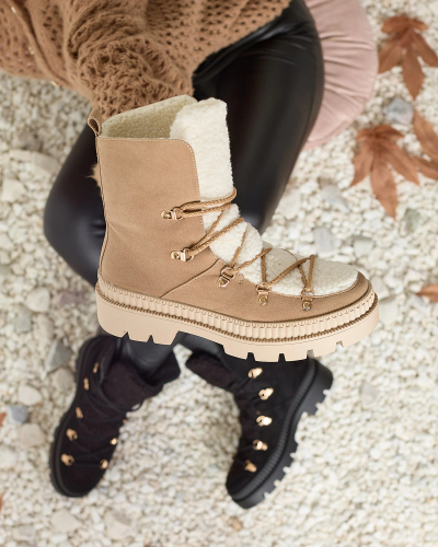 Royalfashion Beige women's insulated trapper boots with sheepskin Lery Walk