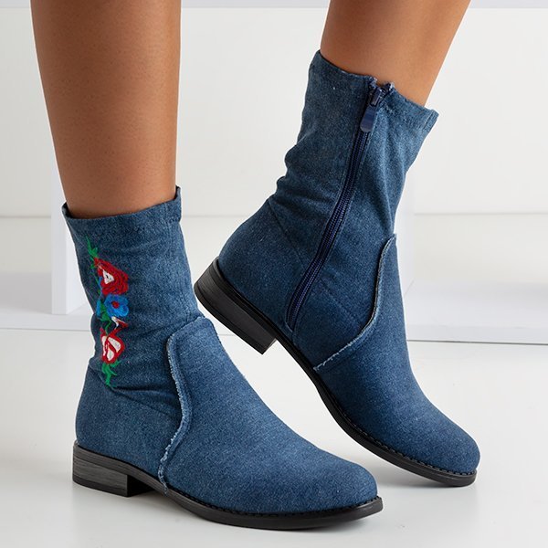 Navy blue flat heel boots with Muraja embroidery - Footwear