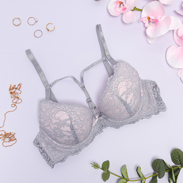 Gray and pink lace bra with straps - Underwear