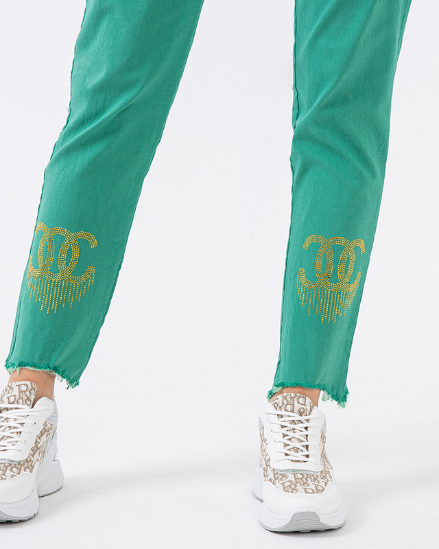 Green fabric pants for women with zircons - Clothing