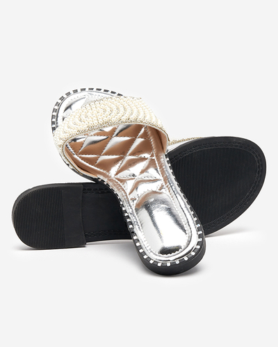 Silver women's slippers with Ahaio decorations - Footwear