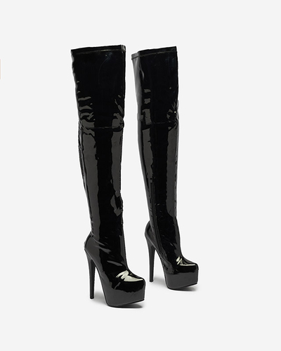 Sieviešu lakotas krāsas zābaki pāri ceļgaliem melnā krāsā Leccie- Footwear
