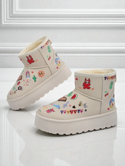 Lemuria Boots - Cream Doodle Snow Boots on a Thick Sole Furrini