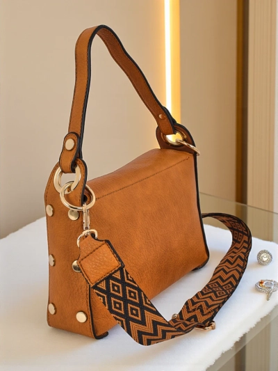 Minerva women's handbag, yellow, made of eco-leather, golden bee decoration, boho strap