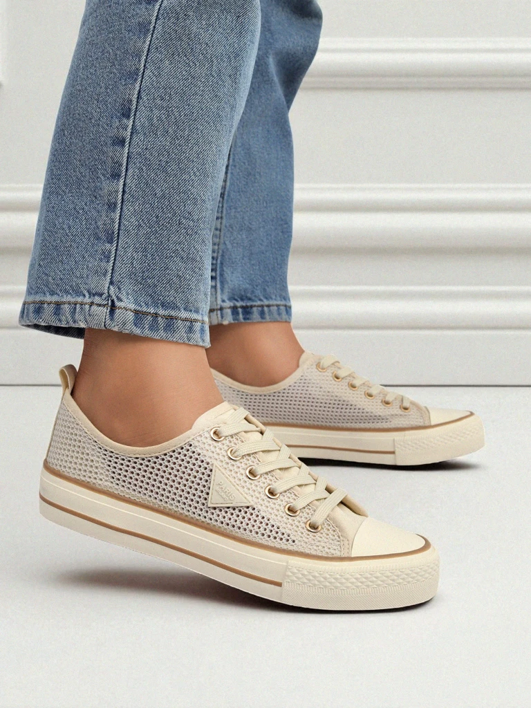 Aurelia Beige - women's fabric sneakers on a 3 cm flat sole