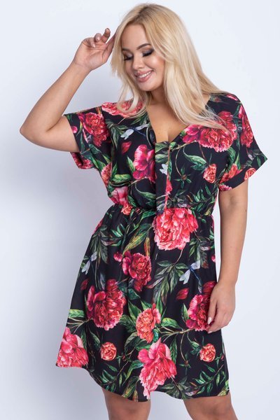 Czarna sukienka w kwiaty PLUS SIZE - Odzież