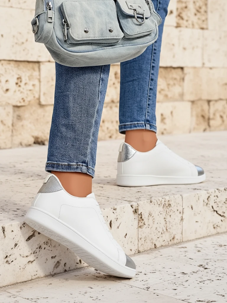 Ženske superge Royalfashion Calista srebrno-bele, elegantne, eko usnje