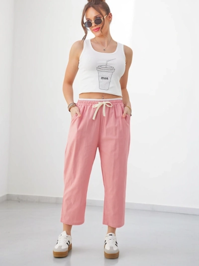 Royalfashion Sieviešu kokvilnas platās bikses ar saitēm