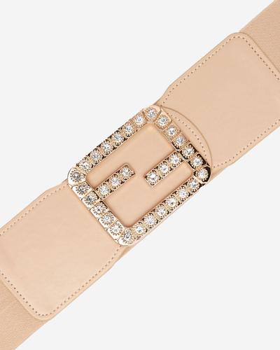 Beige Women's Wide Elastic Belt with Cubic Zirconia - Accessories