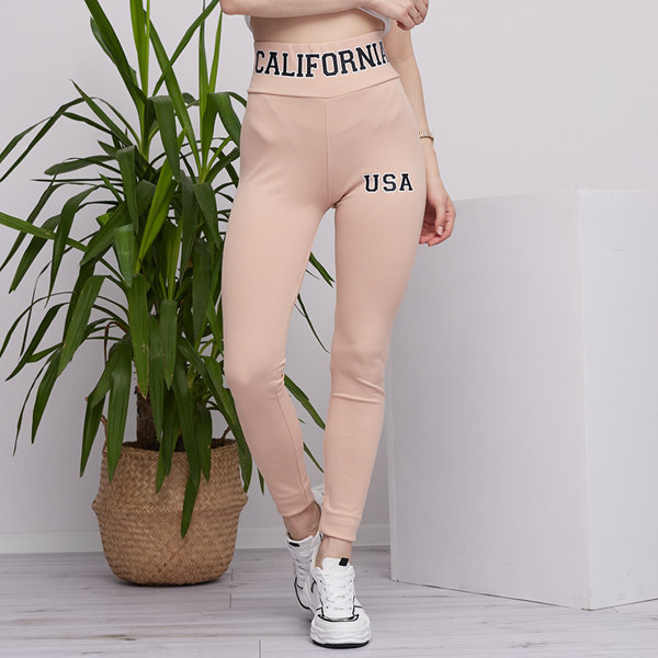 Beige women's ribbed leggings with inscriptions - Clothing