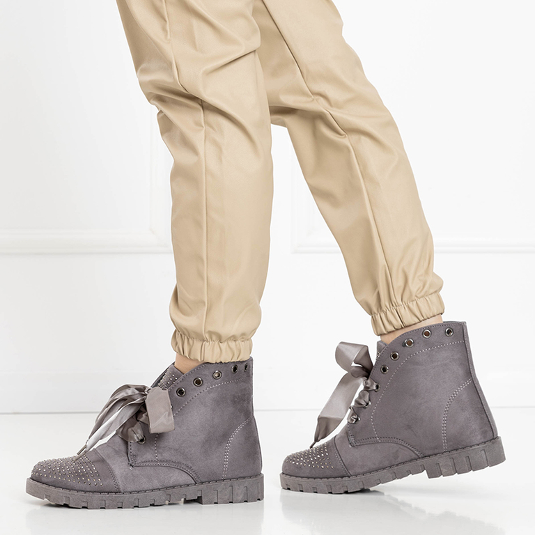 Grey women's boots with zircons laced with ribbon Segadi - Footwear