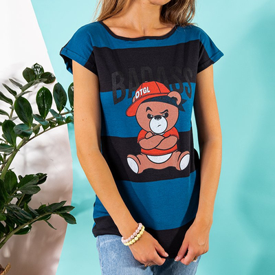 Black and blue women's striped t-shirt with a print - Clothing