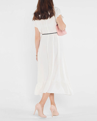 Women's white dress with frills and a tie belt at the waist - Clothing