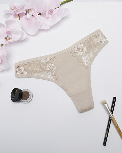 Women's beige cotton thong with decorative lace - Underwear