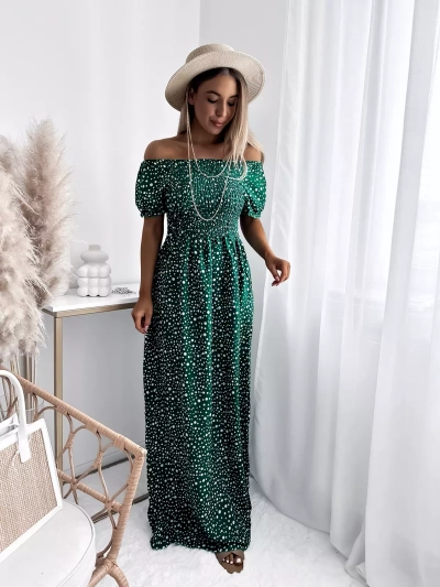 Зеленое женское платье-макси в горошек- Одежда