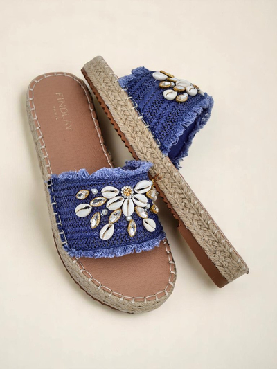 Royalfashion Calista summer flip-flops – light blue with shells on a flat sole