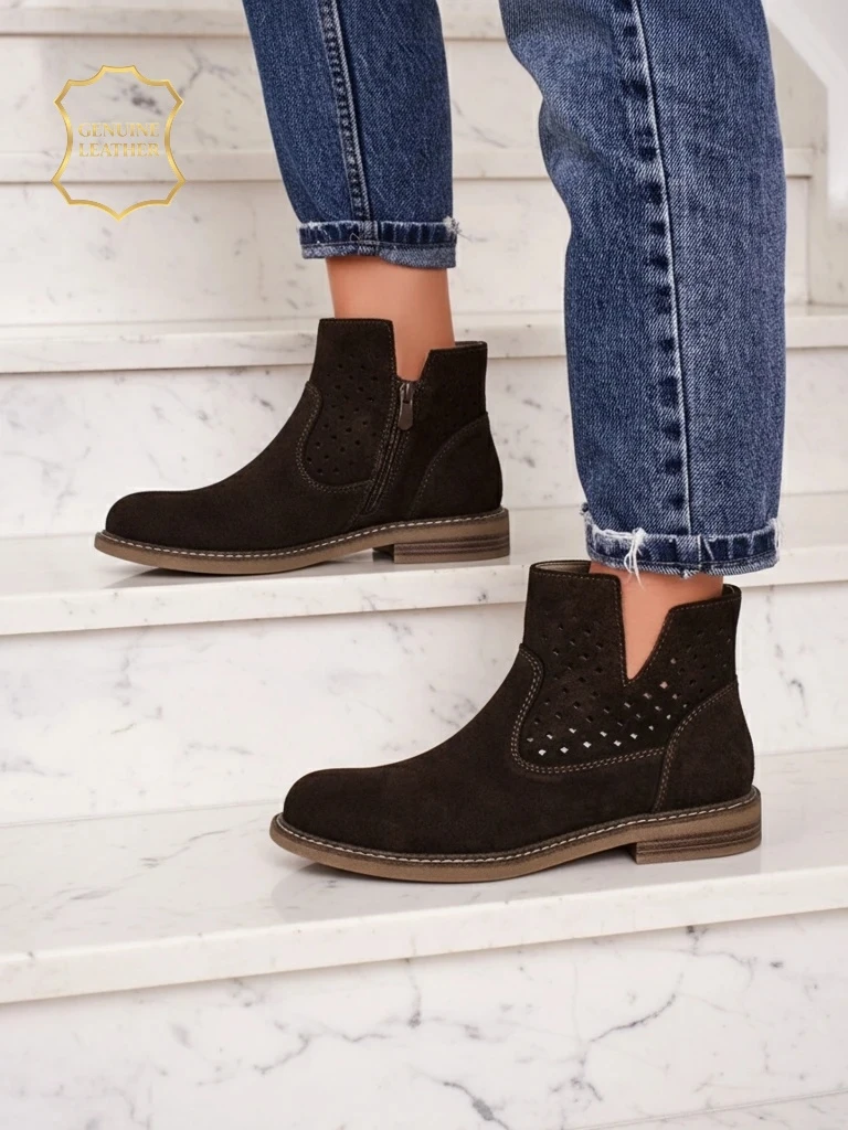 Ariadne ankle boots made of natural dark brown suede, flat 3 cm heels