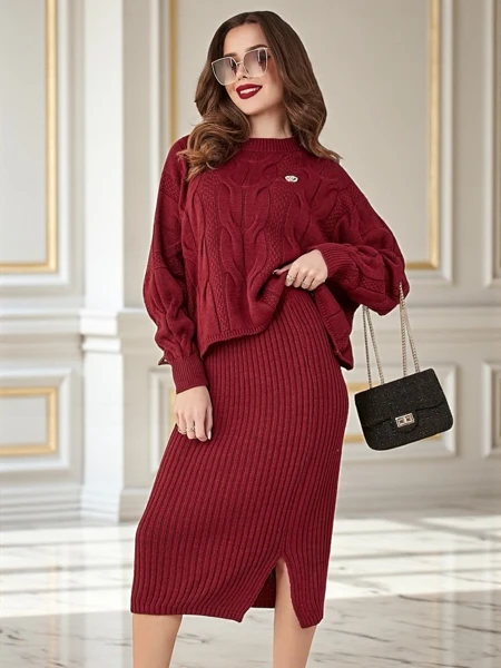 Royalfashion Akrila pletenais sieviešu komplekts ar džemperīti un svārkiem Warm&Fuzzy