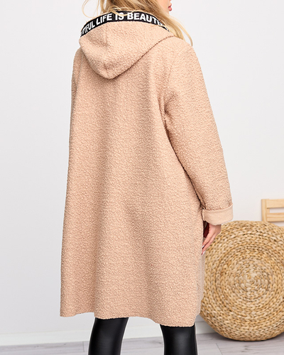 Женская бежевая куртка-пальто с капюшоном - Одежда