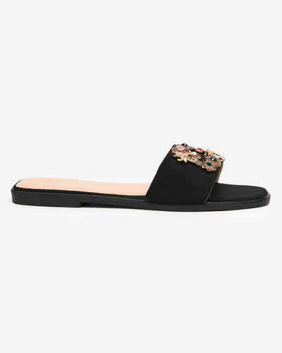Women's black eco suede slippers with a golden buckle Komi- Footwear