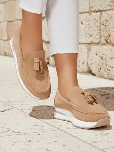 Callista women's beige wedge loafers with eco-suede leather tassels