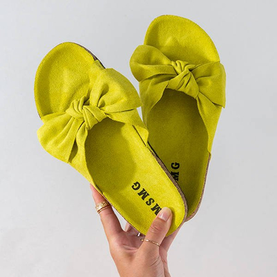 Green women's slippers with a Sun and Fun bow - Footwear