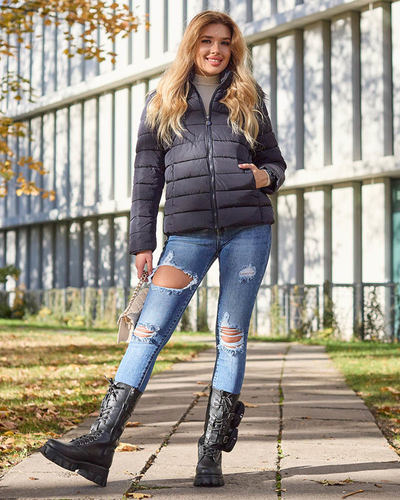 Navy blue women's quilted jacket with hood and fur- Clothing