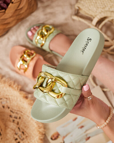 Sieviešu zaļas stepētas čības ar zelta ķēdīti Eteris - Apavi