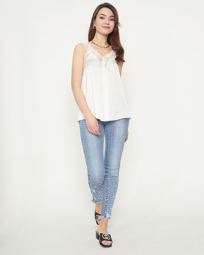 Women's white t-shirt with lace straps - Clothing