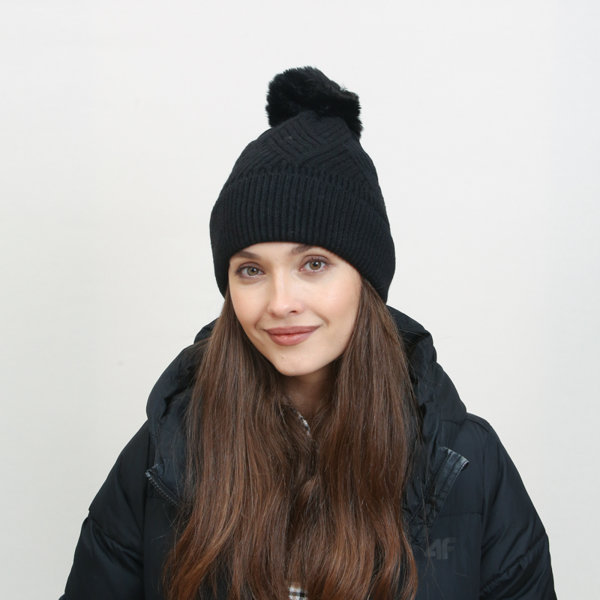 Black women's insulated beanie with pompom - Accessories