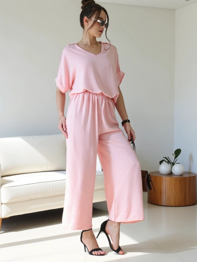 Royalfashion Women's casual set with short sleeve blouse and wide trousers
