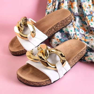 OUTLET Women's white slippers with golden decoration Deirdre - Footwear