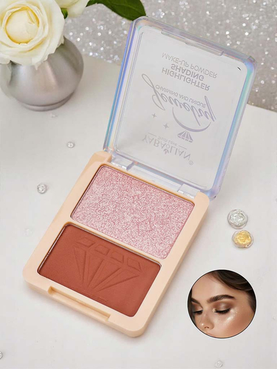 Pressed face highlighter and bronzer in a compact