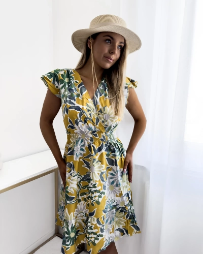 Mustard women's mini dress with floral print - Clothing