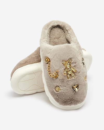 Royalfashion Grey women's fur slippers with ornaments Erserra