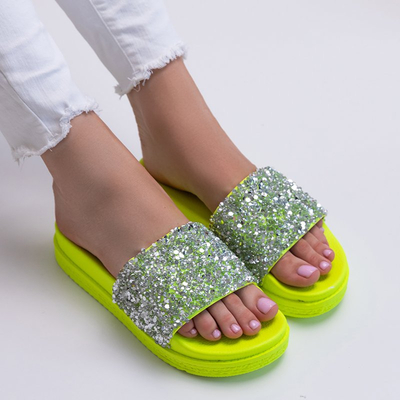 OUTLET Neon green women's slippers with cubic zirconia Aisidora - Footwear