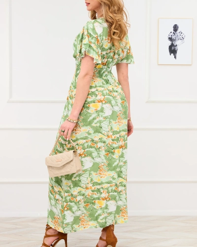 Green women's long dress with fashionable pattern - Clothing