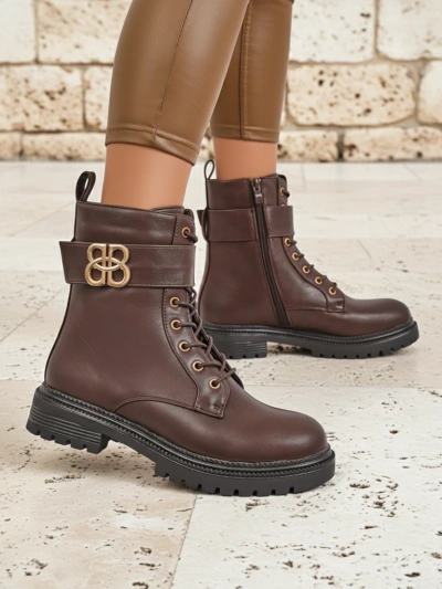 Castorina brown leather ankle boots with zipper, round toe, eco leather